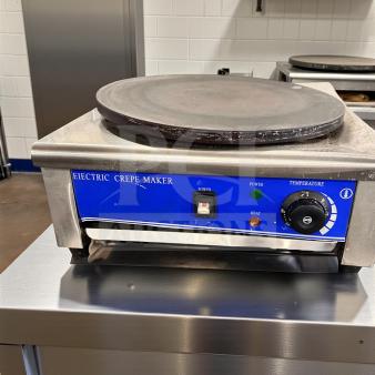 HE-1E Commercial Crepe Maker in superb condition, stainless steel, blue control panel, fully tested, 110V, by HE Commercial Equipment.