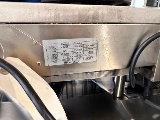 "HE-1E commercial electric crepe maker, 110V, fully operational, superb condition. Label shows model details and specifications."