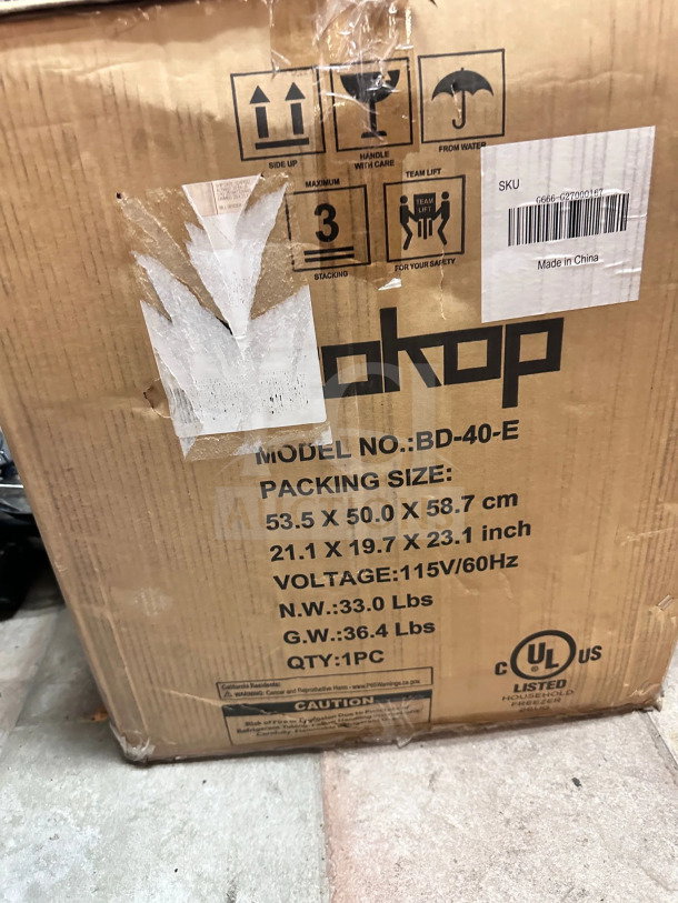 Pristine Zokop BD-40-E compact chest freezer, 1.1 cu. ft., 115V, in unopened original box with labels. Never used.