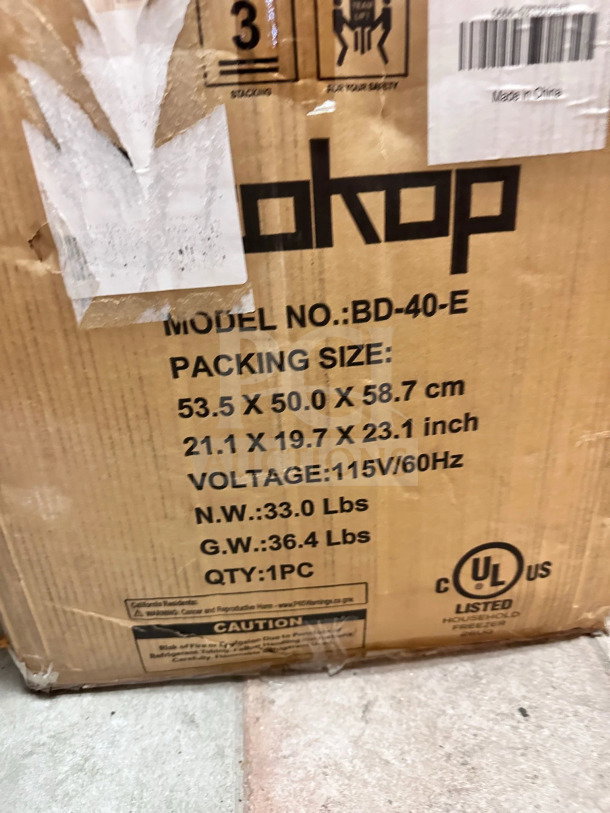 Zokop BD-40-E compact chest freezer, 1.1 cu. ft., pristine, in original box, never used, 115V, model and size details on box.