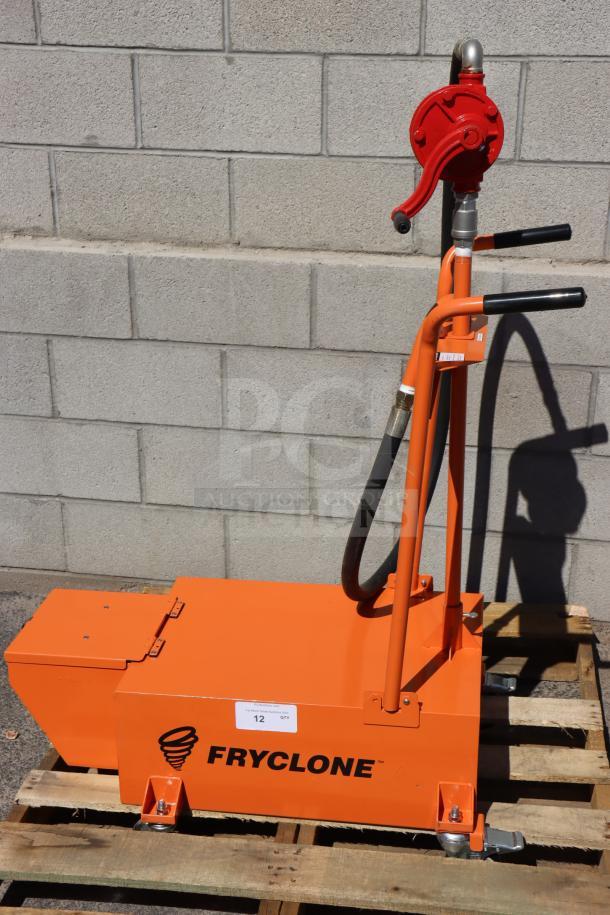 Brand new Fryclone 100 lb oil disposal unit, orange with manual pump, never used, out of packaging, on wooden pallet.