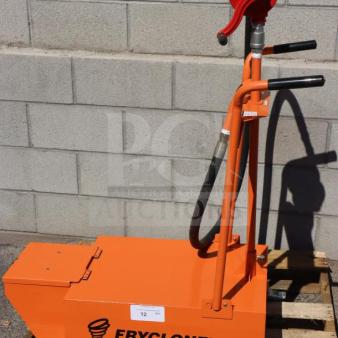 Brand new Fryclone 100 lb oil disposal unit, orange with manual pump, never used, out of packaging, on wooden pallet.