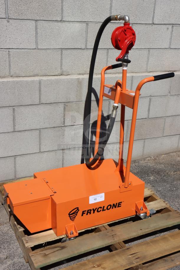 Brand new Fryclone 100 lb fryer oil disposal unit, never used, with orange body and black hose, out of original packaging.