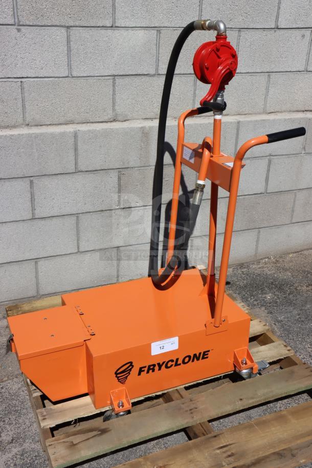 Brand new Fryclone 100 lb fryer oil disposal unit on pallet; orange with pump and hose. Out of packaging, never used.