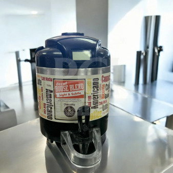 Black insulated commercial coffee airpot beverage dispenser. Superior condition, tested and operational. Model: Airpot Coffee Dispenser.