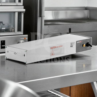 Brand new ServIt SWI-18CPMT strip warmer, 18" high wattage, infinite controls, 120V, 350W, warning label visible.