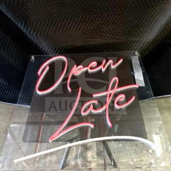 Custom “Open Late” neon LED wall sign, pink/white flex script, excellent condition, 110V, tested working.