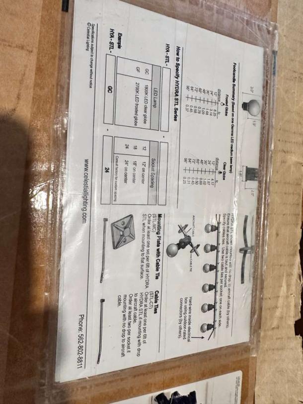 Celestial Lighting HYDRA STL String Light set instructions and specifications sheet, commercial-grade, unused condition.