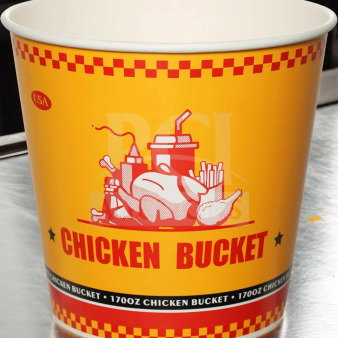 Brand New Choice 170 oz Chicken Bucket with Lid, vibrant yellow with red design, USA logo, food-grade paper, case of 120.