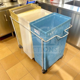 Faribo P434 C/A 3-compartment bin assembly, blue, white, yellow bins on wheels, great condition, NSF certified label visible.