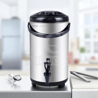 AUNG HUA heat-preservation tea barrel in great condition, stainless steel with black lid and spout, "Since 2007" marked.