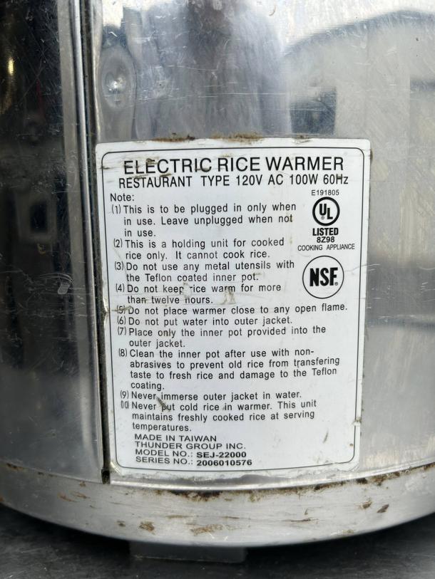 Thunder Group SEJ22000 Rice Warmer, 50 cup capacity, stainless steel, 120v, excellent condition, tested working, UL listed.