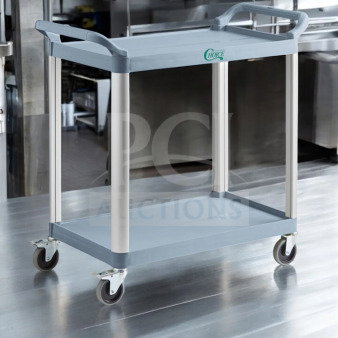 Brand New Choice Small Bus Cart, 2-Shelf 24"x16", Gray, fully tested and working, logos visible, excellent condition.