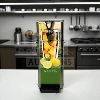 Newco FPM-1 beverage dispenser in stainless steel, superb condition, iced tea graphics, fully tested and working.