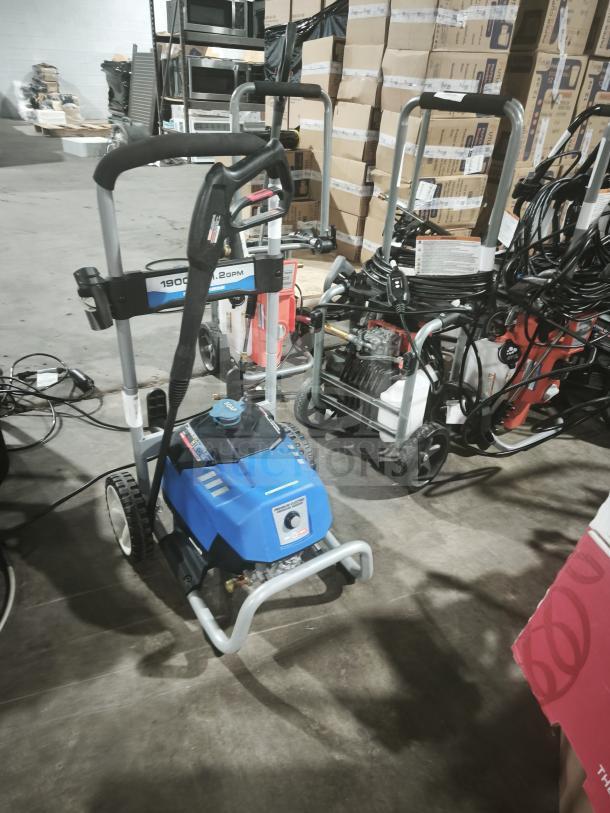 PowerStroke PS141913 pressure washer, blue, tested working condition, 1900 PSI, 1.2 GPM, visible handle and wheels.