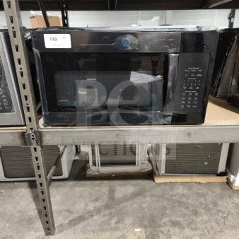 BRAND NEW GE JVM7195DKBB 1.9 cu ft over-the-range sensor microwave oven, black, with minor scratches and dents visible.