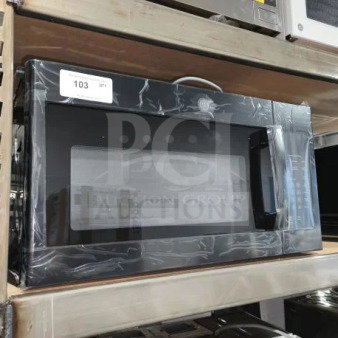 BRAND NEW GE 1.6 cu ft over-the-range microwave JVM3160DFBB, black, scratch and dent condition, labeled "103".