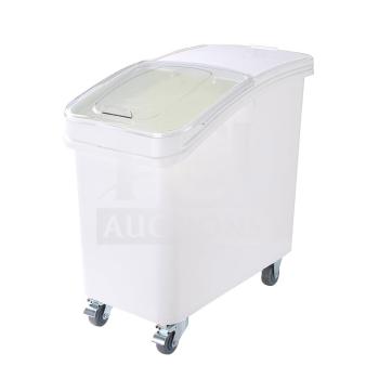 White poly ingredient bin on commercial casters, excellent condition, mobile bulk food storage, inspected and ready for use.