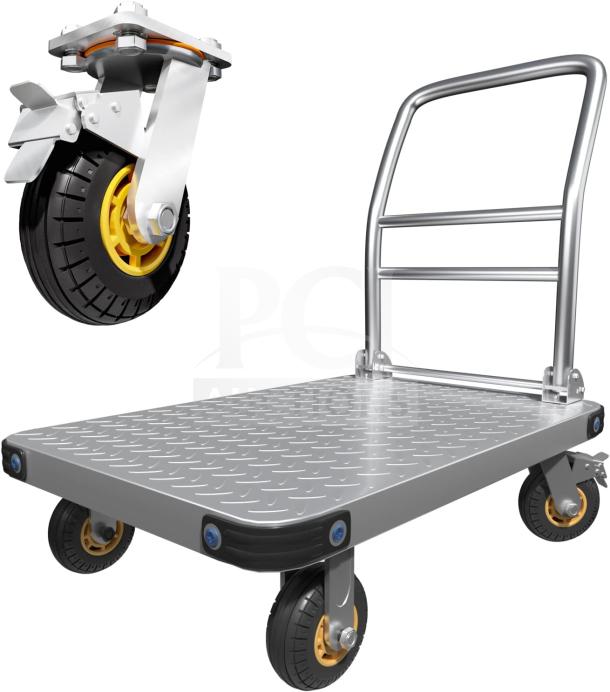 Heavy-Duty Metal Dolly with casters, commercial equipment model, inspected and ready for use. Sturdy metal platform.