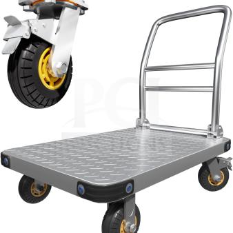 Heavy-Duty Metal Dolly with casters, commercial equipment model, inspected and ready for use. Sturdy metal platform.