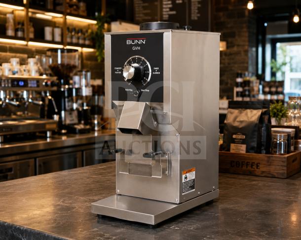 2025 Bunn GVH-1 stainless steel commercial coffee grinder, 1 lb. capacity, no hopper, brand new scratch & dent condition.