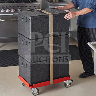 Cambro CDC300358 Cam-GoBox Camdolly, hot red, new, heavy-duty, on casters, secure strap, ideal for transport.