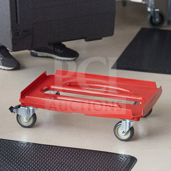 Brand new Cambro CDC300358 Cam-GoBox red dolly with casters, heavy-duty for commercial use.