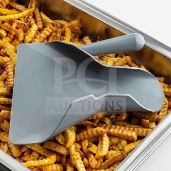 Tablecraft PR8 gray polypropylene right-handed fry scoop in a tray of fries. Brand new, commercial grade, set of 6.
