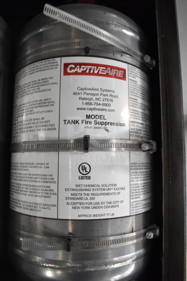 CaptiveAire fire suppression tank for commercial use, model number 87-300001-001, UL listed, approx weight 77 lbs.