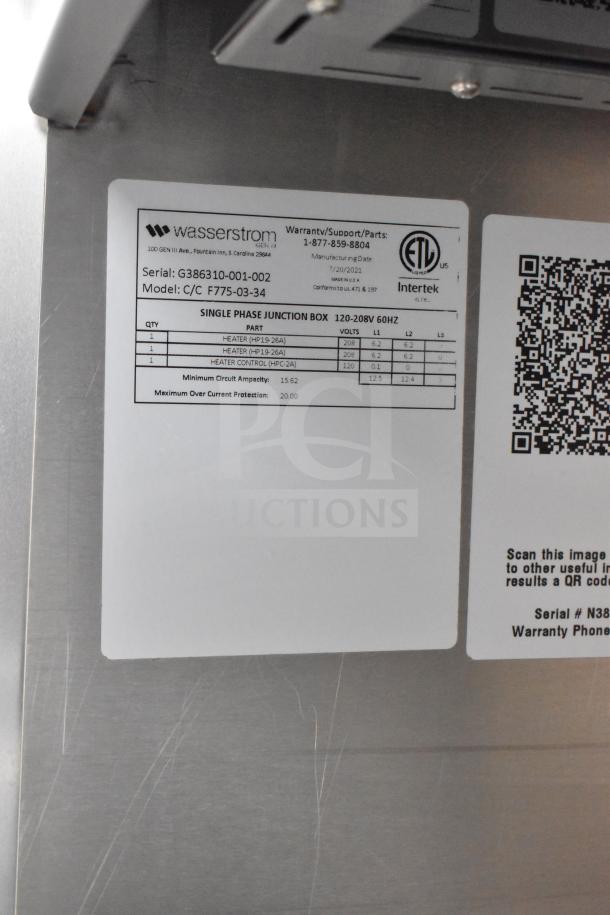 Label on 2021 Texino 28ft Food Trailer showing electrical specifications for a single phase junction box, Serial: G386310-001-002.