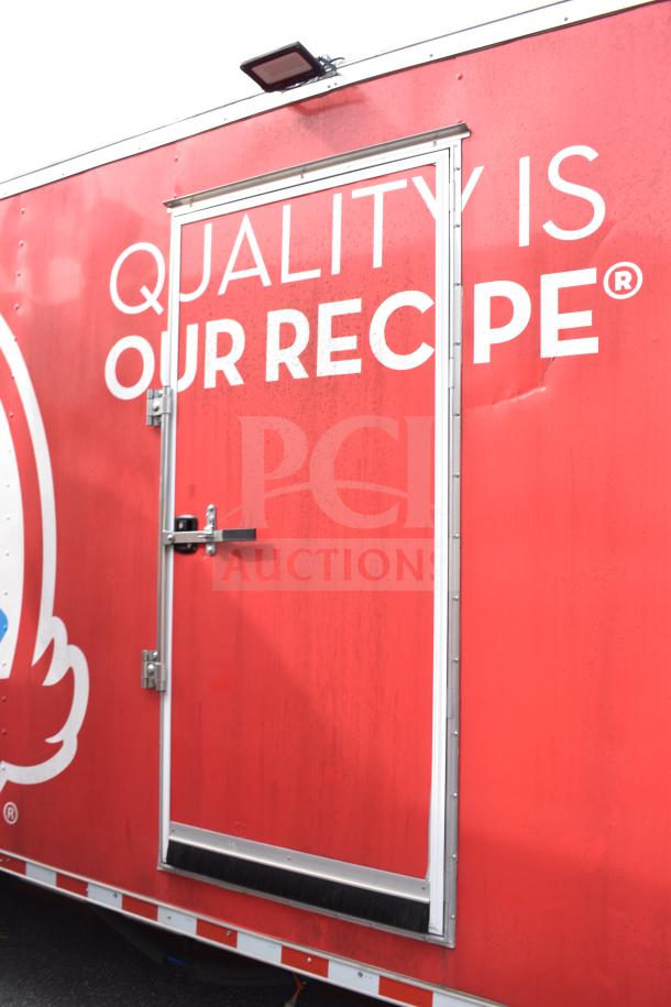 2021 Rock Solid Cargo 28ft red food trailer, side door, "Quality is Our Recipe" text. Includes fryer, griddle, refrigeration.