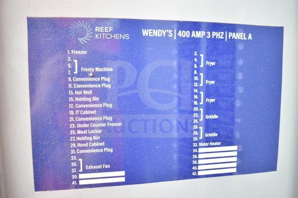 Electrical panel label of a 2021 Rock Solid Cargo 28ft food trailer, featuring equipment list for power allocation.