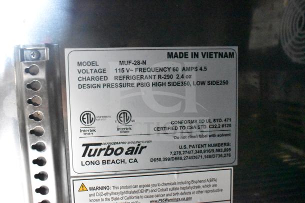 Label on refrigeration unit in 2021 Rock Solid Cargo 28ft food trailer, model MUF-28-N, 115V, using R-290 refrigerant. Made in Vietnam.