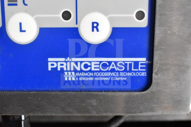 Prince Castle control panel, Marmon Foodservice Technologies branding, blue and silver design with buttons labeled L and R.