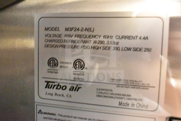 Label on Turbo Air refrigeration unit, Model M3F24-2-N(L), 115V, uses R-290 refrigerant, ETL certified.