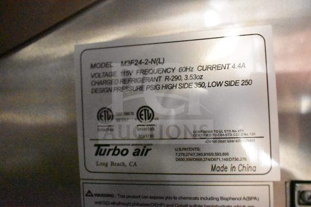 Label for Turbo Air Model M3F24-2-N(L), voltage 115V, frequency 60Hz, refrigerant R-290, design pressure high side 350 PSIG.