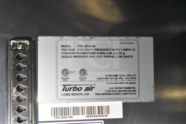Label on Turbo Air refrigeration unit, model TSR-35SD-N6. Voltage: 110-120V, frequency: 60Hz, refrigerant: R-600a. Made in Korea.