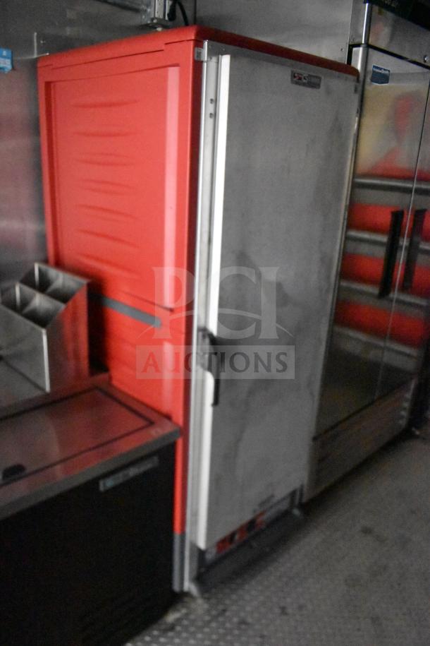 2021 Rock Solid Cargo 28ft food trailer interiors with refrigeration units, red and stainless steel finish, commercial-grade.