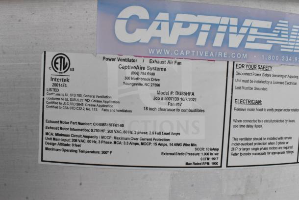 Label on a CaptiveAire Systems exhaust air fan, Model DU85HFA, listing specifications and safety instructions.