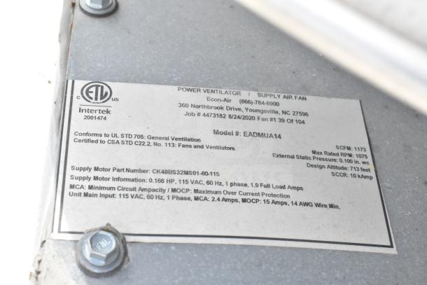 "Power Ventilator label on the NBRHD Kitchens Ghost Kitchen Trailer. Model: EADMUA14, Intertek certified, includes supply motor and electrical details."