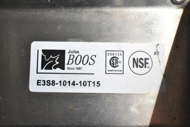 John Boos metal kitchen equipment label displaying model E3S8-1014-10T15, ANSI sanitized, NSF certified.
