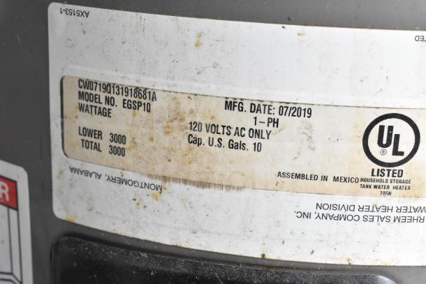 Label on appliance showing model EGS10, 3000 watts, 120 volts, made July 2019, UL listed, assembled in Mexico.