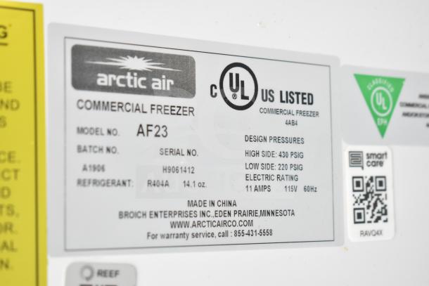 Arctic Air AF23 Commercial Freezer label, showing model, serial number, refrigerant type, and design pressures. UL listed.