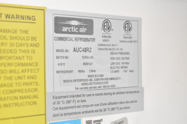 Arctic Air commercial refrigerator label, model AUC48RZ, 115V, R600a refrigerant. Made in China, Broich Enterprises.