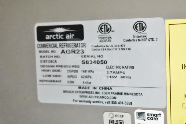 Arctic Air commercial refrigerator label showing model AGR23, serial S834050, electric rating, made in China.