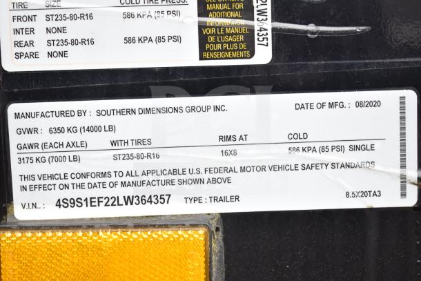 VIN label for 2020 Southern Dimensions Group all-black mobile trailer, 14,000 lb GVWR, manufactured 08/2020, VIN: 4S9S1EF22LW364357.