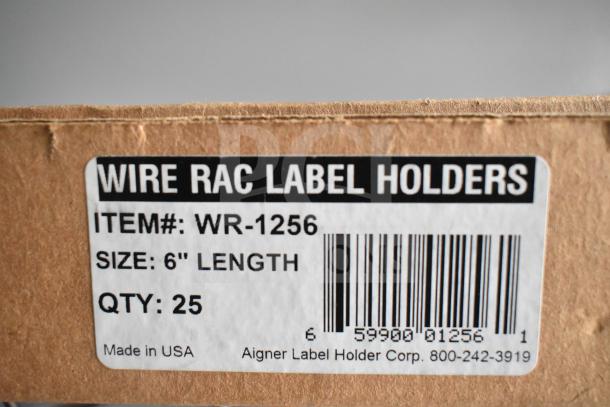 Close-up of label on packaging for Wire Rac Label Holders. Item#: WR-1256, Size: 6" Length, Qty: 25, Made in USA.