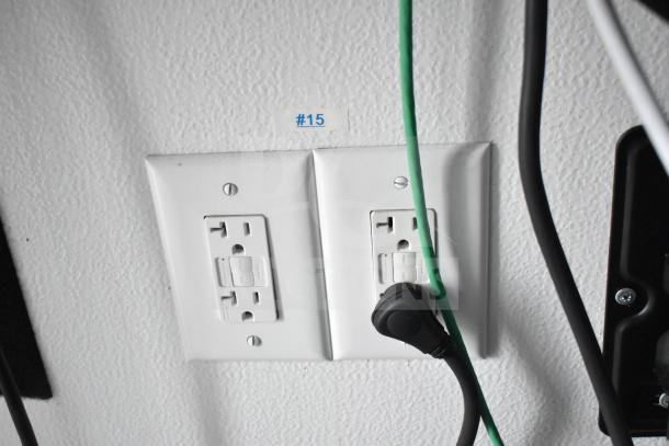 Electrical outlets inside 2020 Southern Dimensions Group mobile commissary trailer, showing outlet configuration and wiring.