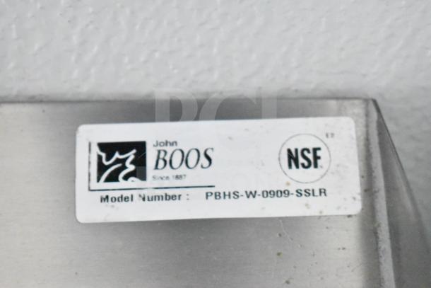 John Boos label on metal surface, showing model PBHS-W-0909-SSLR and NSF certification mark.