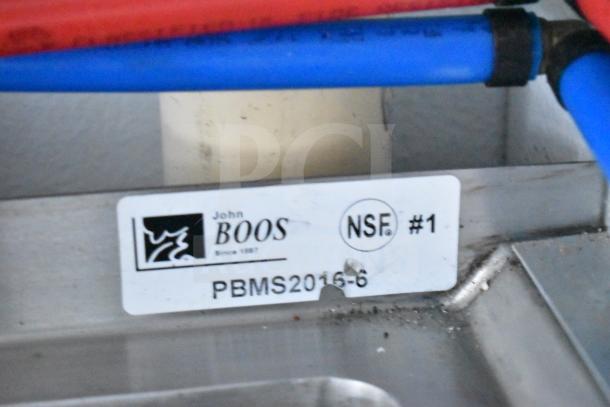 Label of John Boos sink, model PBMS2016-6, NSF certified, part of the 2020 Southern Dimensions Group trailer.